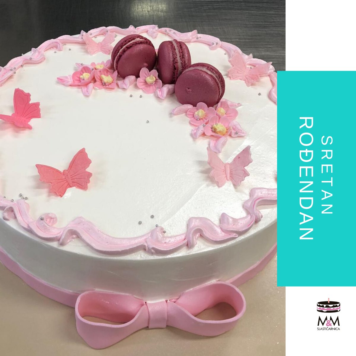 Torta s macaronsima, leptirima, roza, pink (304)