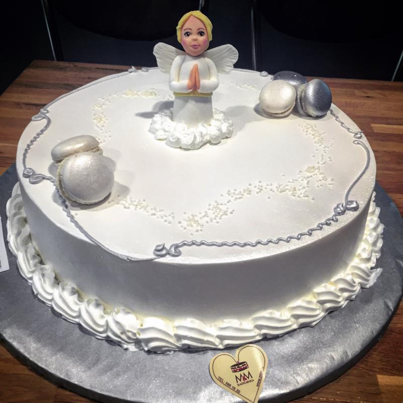 Torta za pričest sa anđelom i macaronsima srebrna (501)
